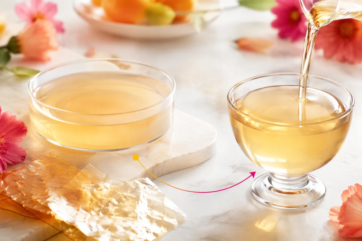Gelatin sheets softening in warm water next to a glass of clear, melted gelatin solution