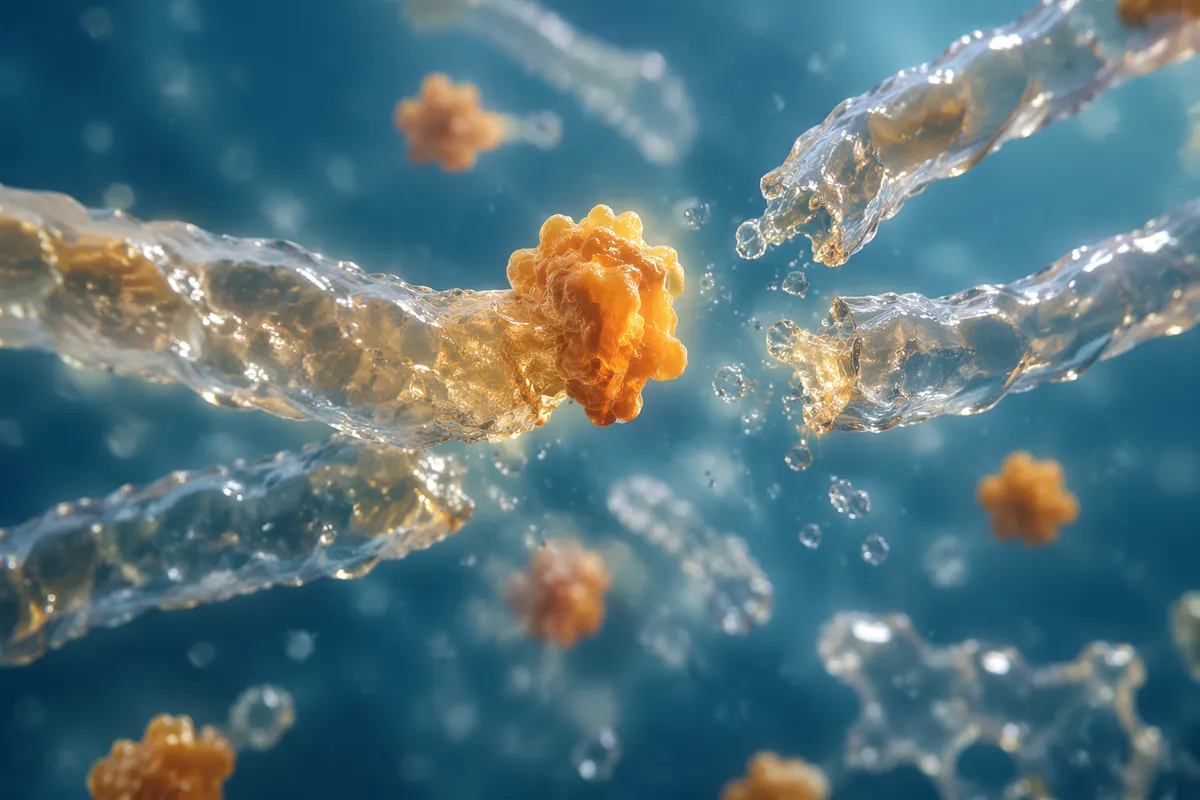 Close-up illustration of protease molecules cutting long gelatin protein chains into shorter pieces
